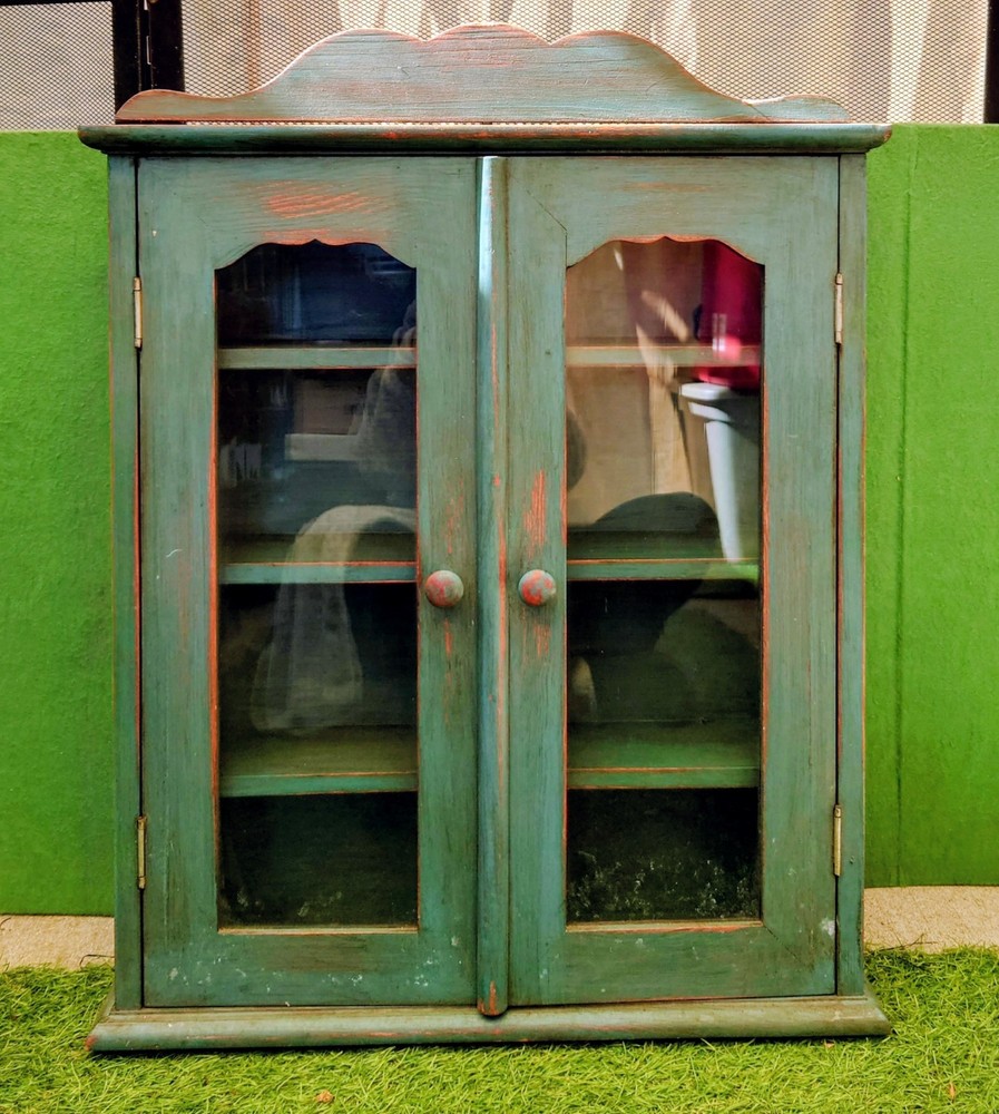 Vtg Farmhouse Teal Wall Curio Cabinet Glass Door Display Distressed Shabby Chic