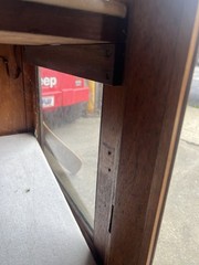 c1890 Quartersawn Oak store cabinet curved Panel 2 doors 36” w 47” h 18.5” deep