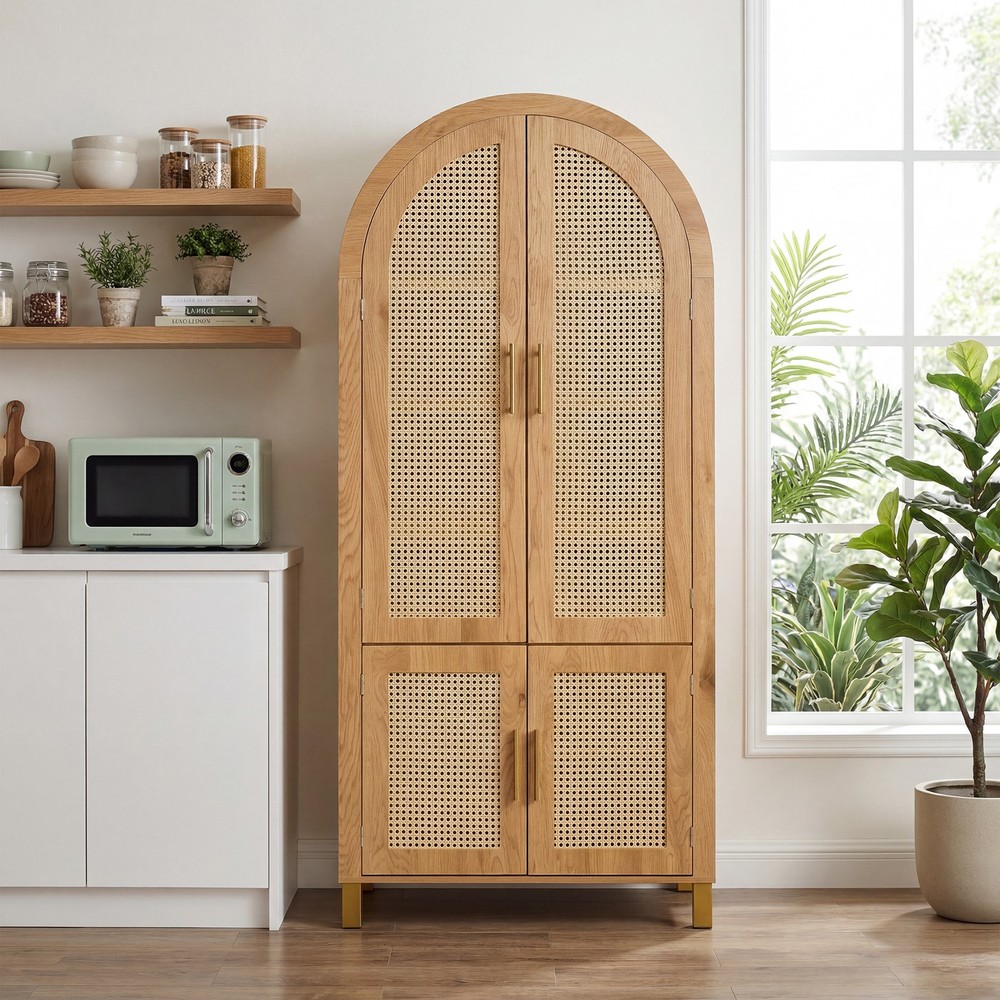 71″ Tall Arched Cabinet with Rattan Doors & Adjustable Shelves, Oak