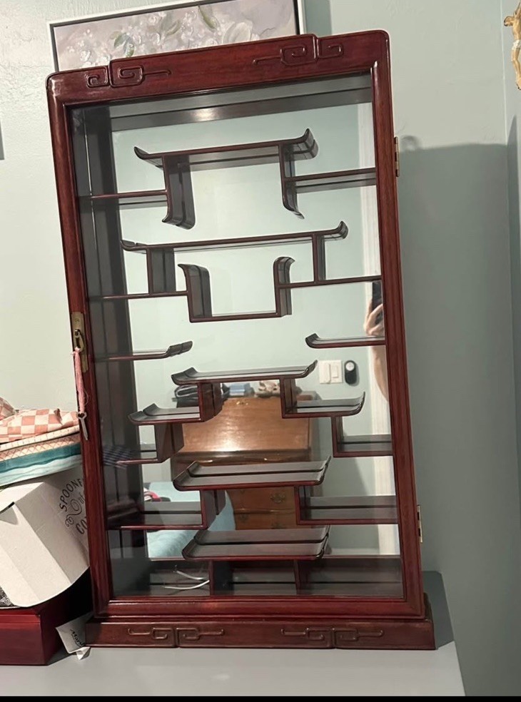 Vintage China cabinet Curio Locking Glass door Wall mount 18 shelves Mirror Back
