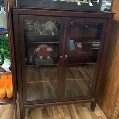 VTG 1950 Mid-Century Hand Made Walnut Wood & Glass Door 49″H Cabinet – 6 Shelf