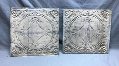 One Decorative Salvaged 18″ SQ. Shabby Diamond Ceiling Tin Panel Old 1769-23B