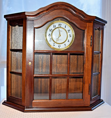 Vtg Style Large Wood Curio Wall Mount Display Cabinet + Built-in Working Clock