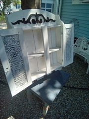 Vintg White Wood Medicine Wall Cabinet Hammered Decorative Tin Doors Oversized