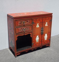 Vintage Chinese Asian Red Lacquer Storage Cabinet w Stone Decorative Inlay