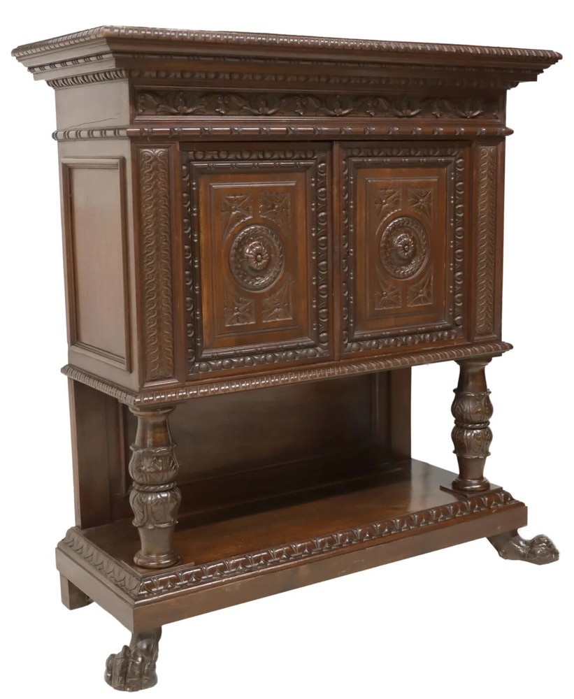 Antique Cupboard, Court, Carved, Renaissance Revival, Cornice, Foliate E. 1900s