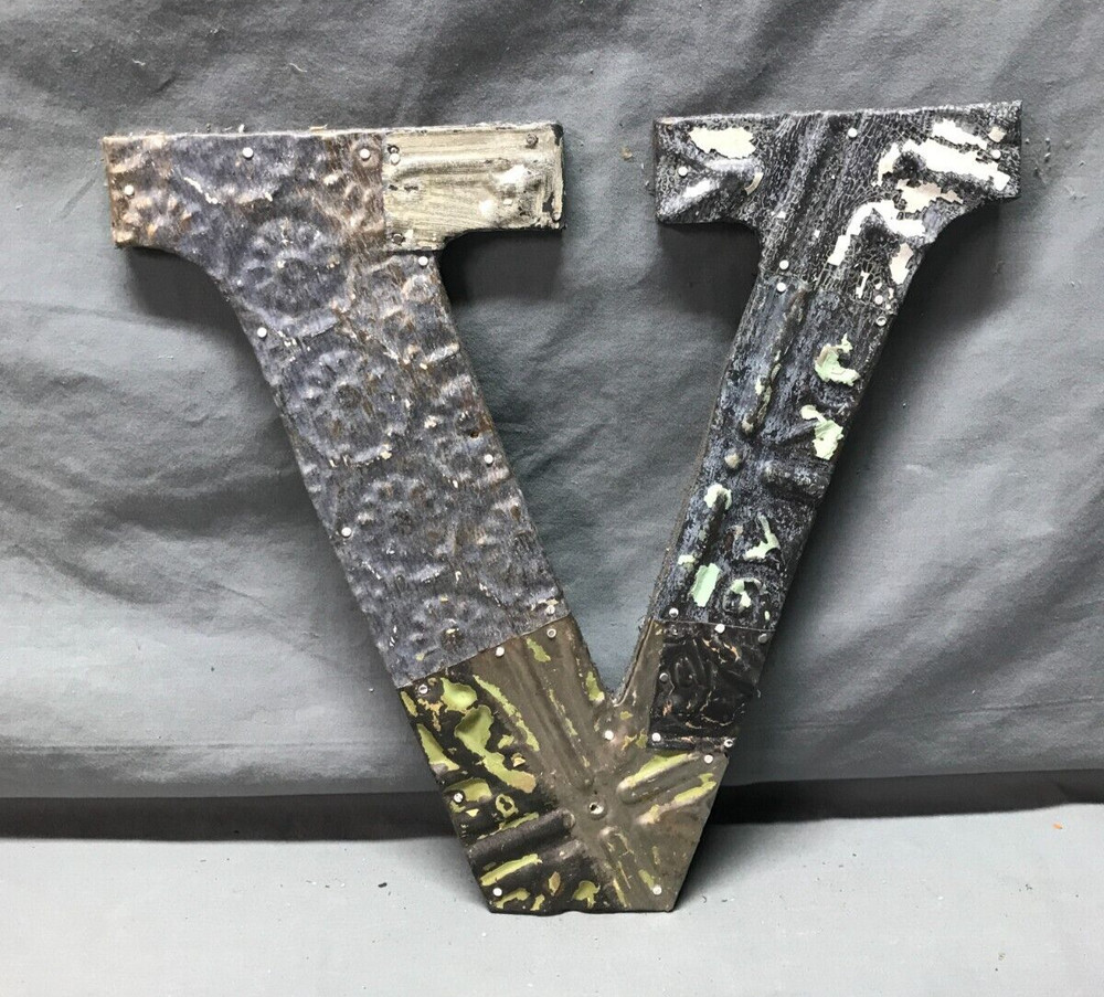 Decorative Salvage Tin Ceiling 12″ Patchwork Metal VTG Letter V Old 307-25B