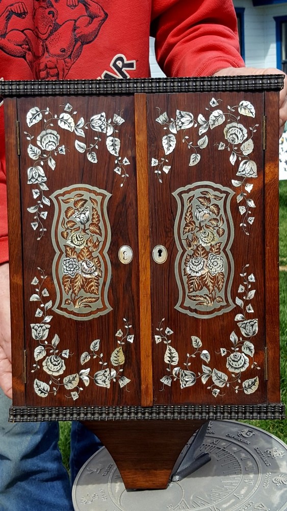 Antique Wood Spice Wall Cabinet INTRICATE INLAID SILVER METAL Floral SUPER RARE!