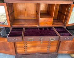 ANTIQUE Burl Walnut DENTIST CABINET/Armoire-Multi-DRAWER-Mirrored DOORS-19th C