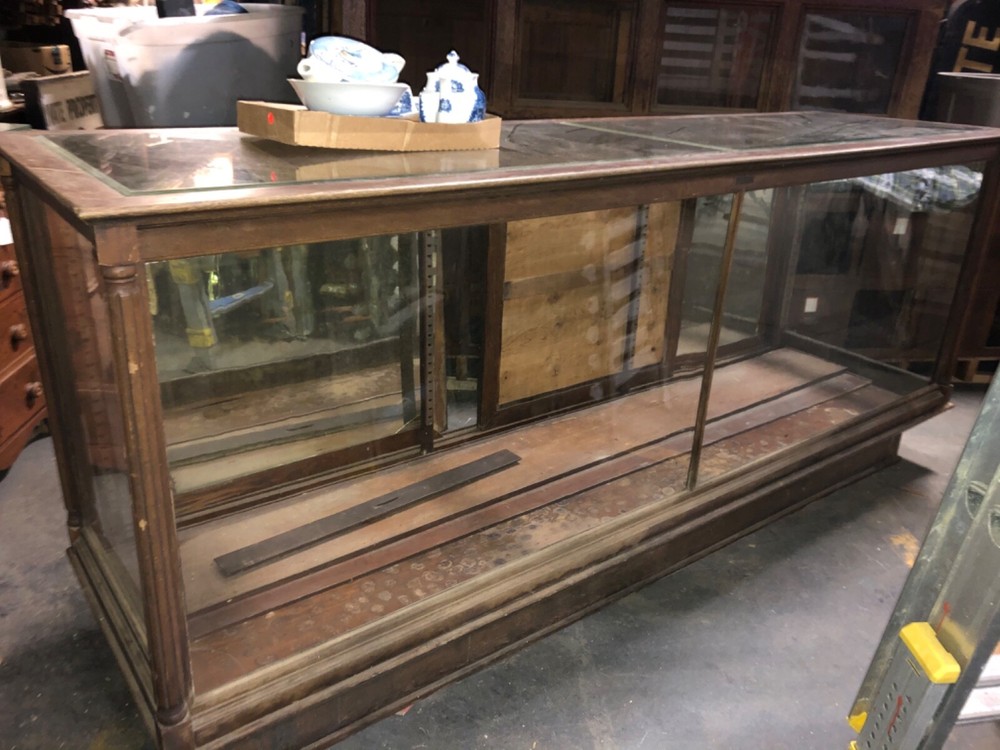 c1900 vintage oak glass floor country store case 98x 42.5 x27 reeded column edge