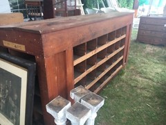 c1890 antique OAK hardware store counter VA origin 97″ x 46″ x 33.25″ slant top