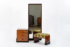 Antique Art Deco Wood Vanity Mirror & Stool by Donald Deskey for Widdicomb 1930s