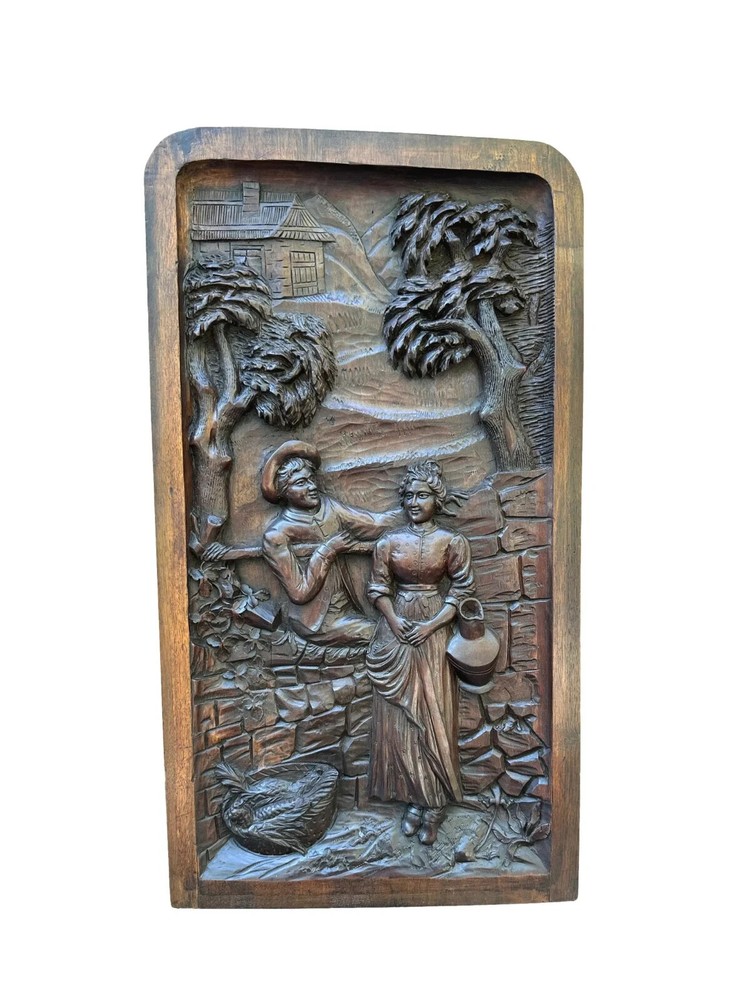 French Antique Architectural Romantic Peasant Scene Carved Wood Wall Panel 19th