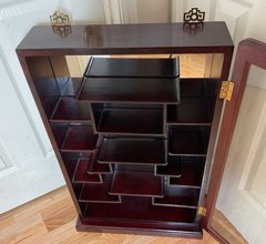 Chinese Carved Rosewood Mother of Pearl Wall Curio Display Cabinet w/Mirror Back