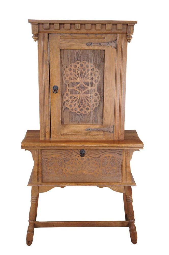 Antique Kuchins Oak Arts & Crafts Drybar Console China Cabinet Cupboard Hutch
