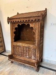 Vintage Wooden Temple Cabinet | Hand Carved Indian Shrine Cabinet | Rustic Pooja