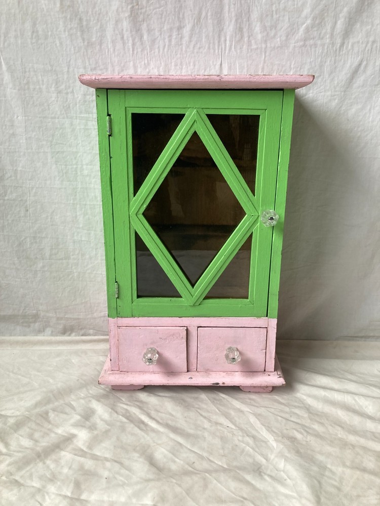 Vtg Pink Green Wood Surface Wall Mount Medicine Cabinet Diamond Country 210-26E