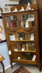 Antique Oak Display Corner Cabinet W/ Beveled Mirror, Serpentine Wave Glass