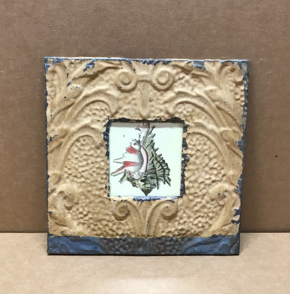 VTG Shabby Tan Photo 4″Sq. Tin Ceiling Metal Shabby Picture Frame Old 675-26B