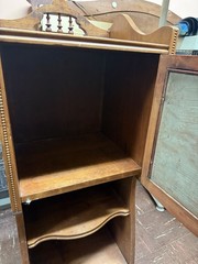Antique Wooden Cabinet with Beveled Mirror Compartment and Lower Shelves Vintage