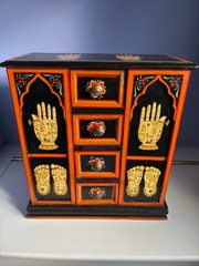 VTG 16″ HAND PAINTED WOOD FOLK ART CABINET INDIA BALI YOGA TANTRIC STORAGE CHEST