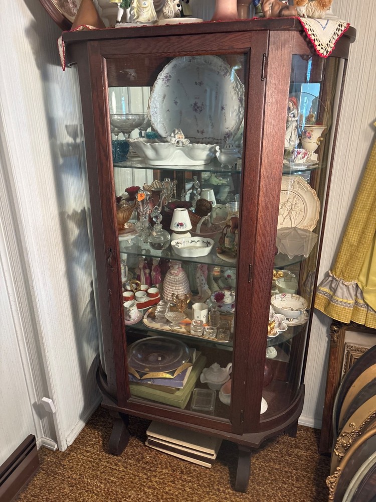 Antique Oak Bow Side/Flat Front Door Mirrored Back Glass Shelves China Cabinet