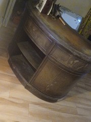 Antique Kidney Shaped Wood & Leather Cabinet w/ Shelves, Brown 32″x30″x24″