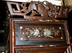 Antique Cabinet Glass Front Hand Carved Asian Motifs & Mother-of-Pearl Designs