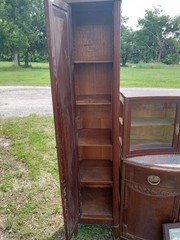 Antique Wood Cabinet with Carved Glass Doors, Drawers, 75.5″ x 66″ x 17.5″