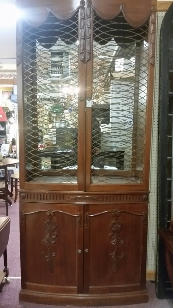 Excellent Carved Mahogany 2 Door China Cabinet Bow Front Yet Slender