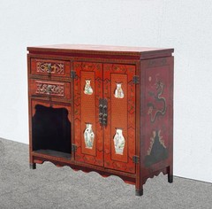Vintage Chinese Asian Red Lacquer Storage Cabinet w Stone Decorative Inlay