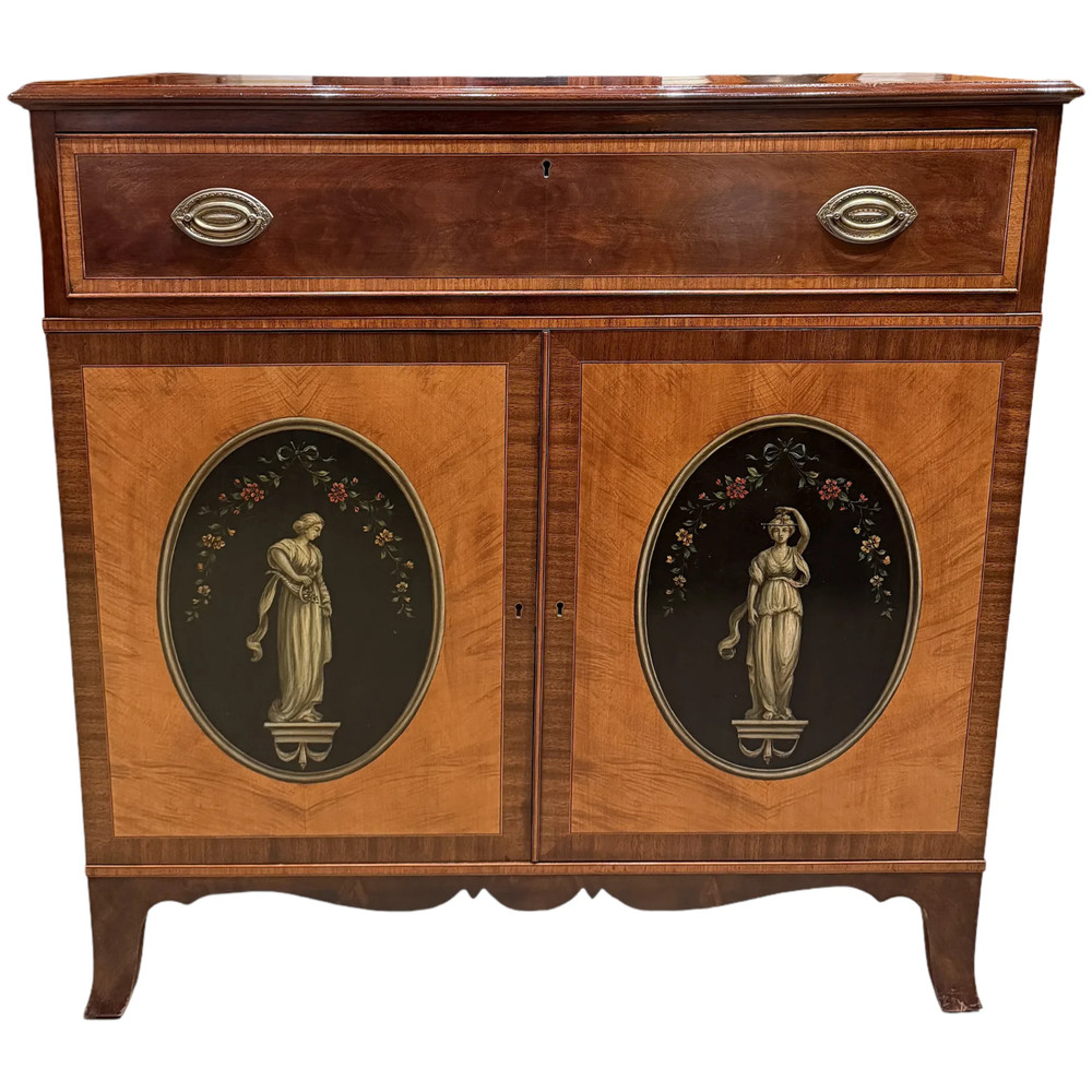 Adam Style Walnut & Satinwood Linen Cabinet with Painted Oval Panels