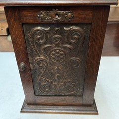 Small Antique Oak Smokers Cabinet. Art nouveau with metal front, working lock vg