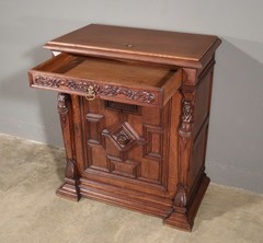 French Antique Renaissance Revival Solid Oak Wood Bar Cabinet with Carvings