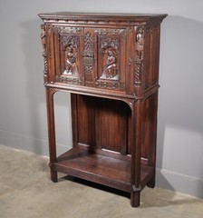 Antique French Gothic Revival Cabinet Highly Carved in Oak Wood w/Figures
