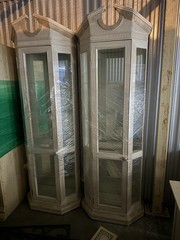 Antique Tall Beige Glass Display Cabinets Wood Decorative Top Pair