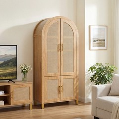 71″ Tall Rattan Cabinet, Arched Doors Adjustable Shelves, Farmhouse Oak