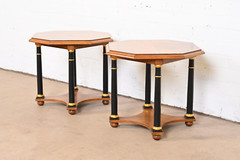 Baker Furniture Neoclassical Burl Wood Parcel Ebonized Gilt Side Tables, Pair