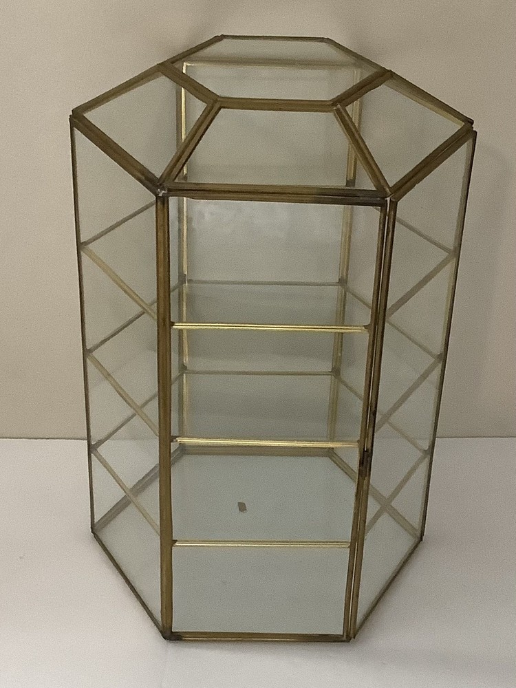 Vintage 13″ Hexagon Glass & Brass Curio Display Cabinet