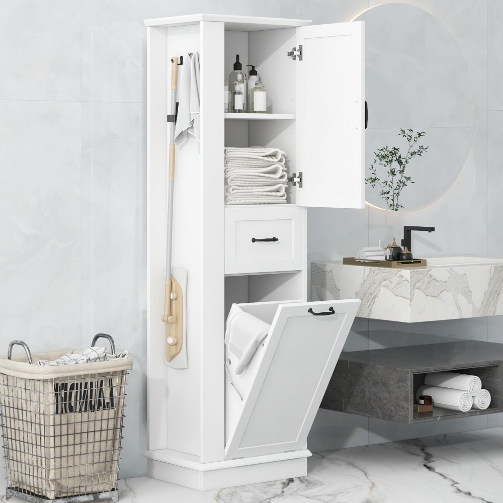 Modern Tall Storage Cabinet TiltOut Compartment Adjustable Shelves 80LB Capacity