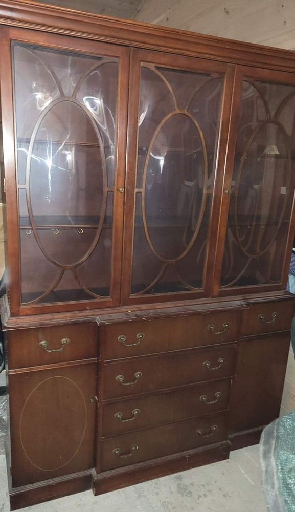 Duncan Phyfe Mahogany Glass China Cabinet with Drawers Brass Handles