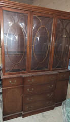 Duncan Phyfe Mahogany Glass China Cabinet with Drawers Brass Handles