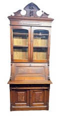 Antique Victorian Burl Walnut Bookcase Cabinet Cupboard Desk With Keys 2pc