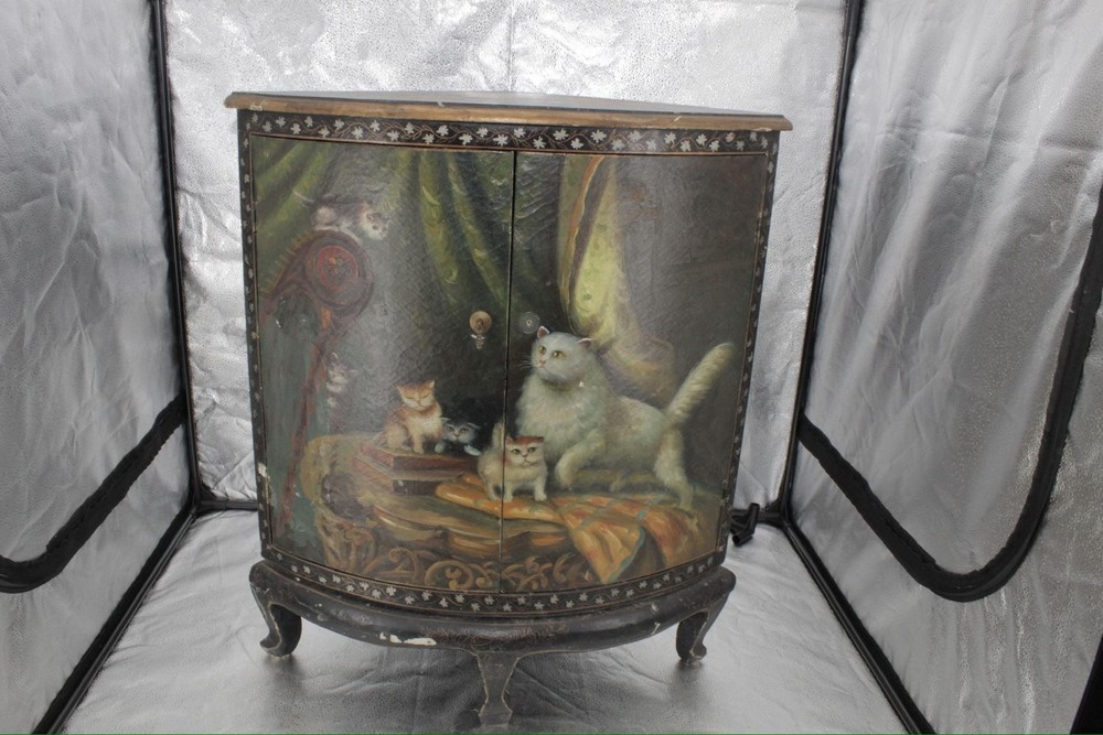 Antique French Vernis Martin Style Hand-Painted Demilune Cabinet with Cat Scene