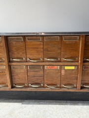 Vintage multi drawer apothecary wood cabinet woodworker carpenter bin storage