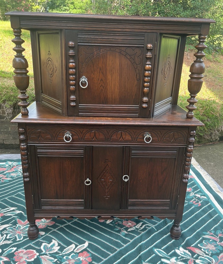 Tomlinson 1930s/40s Jacobean Revival Gothic Carved Romano Oak Court Cupboard