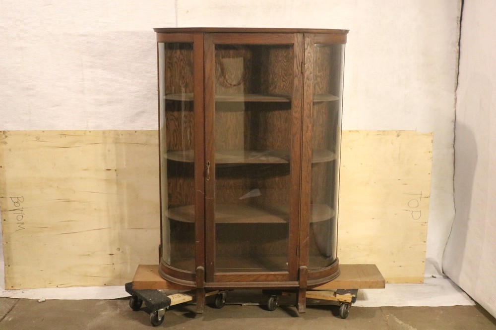 Antique Oak Rounded Curio Display Cabinet Original hardware and wooden shelving