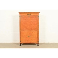 Baker Furniture French Empire Neoclassical Burl Wood Bar Cabinet, Circa 1980s