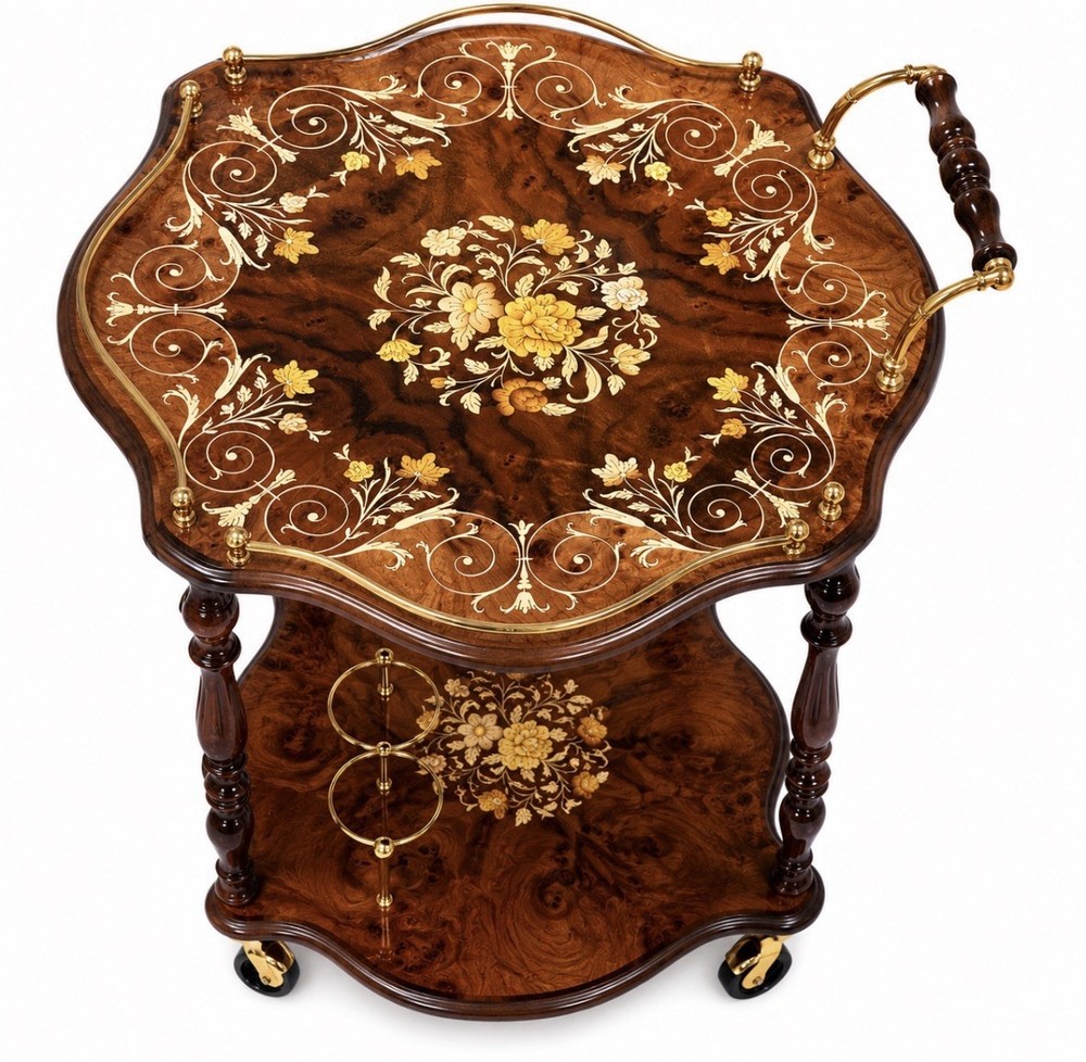 Italian Rosewood Marquetry Bar Tea Dessert Cart 2-Tier 8-Sided Trolley