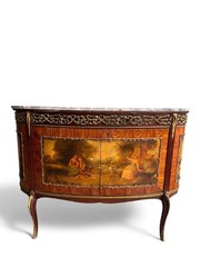 Antique French Louis XV Style Hand Painted Marble Top Demi-Lune Cabinet